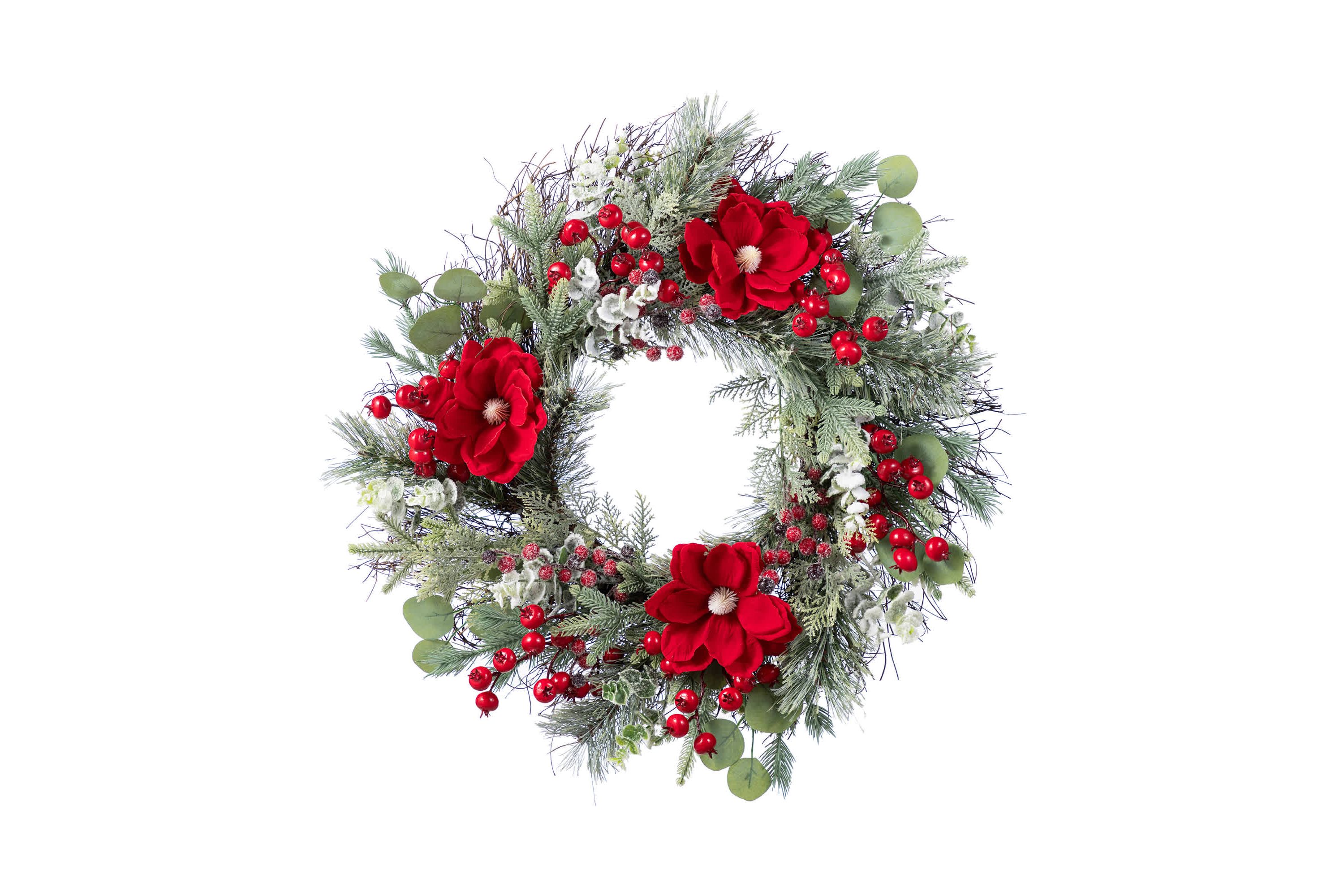 24"D Christmas Red  Mangnolia & Berry Wreath