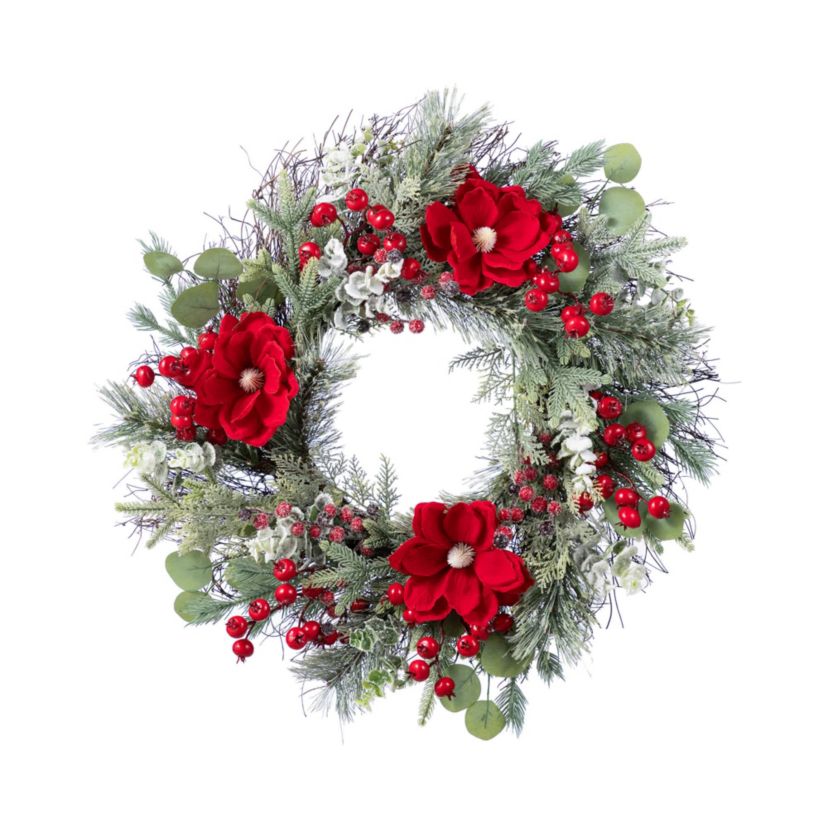 24"D Christmas Red  Mangnolia & Berry Wreath