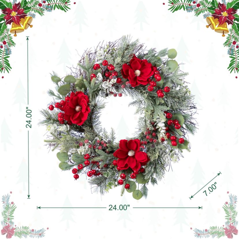 24"D Christmas Red  Mangnolia & Berry Wreath