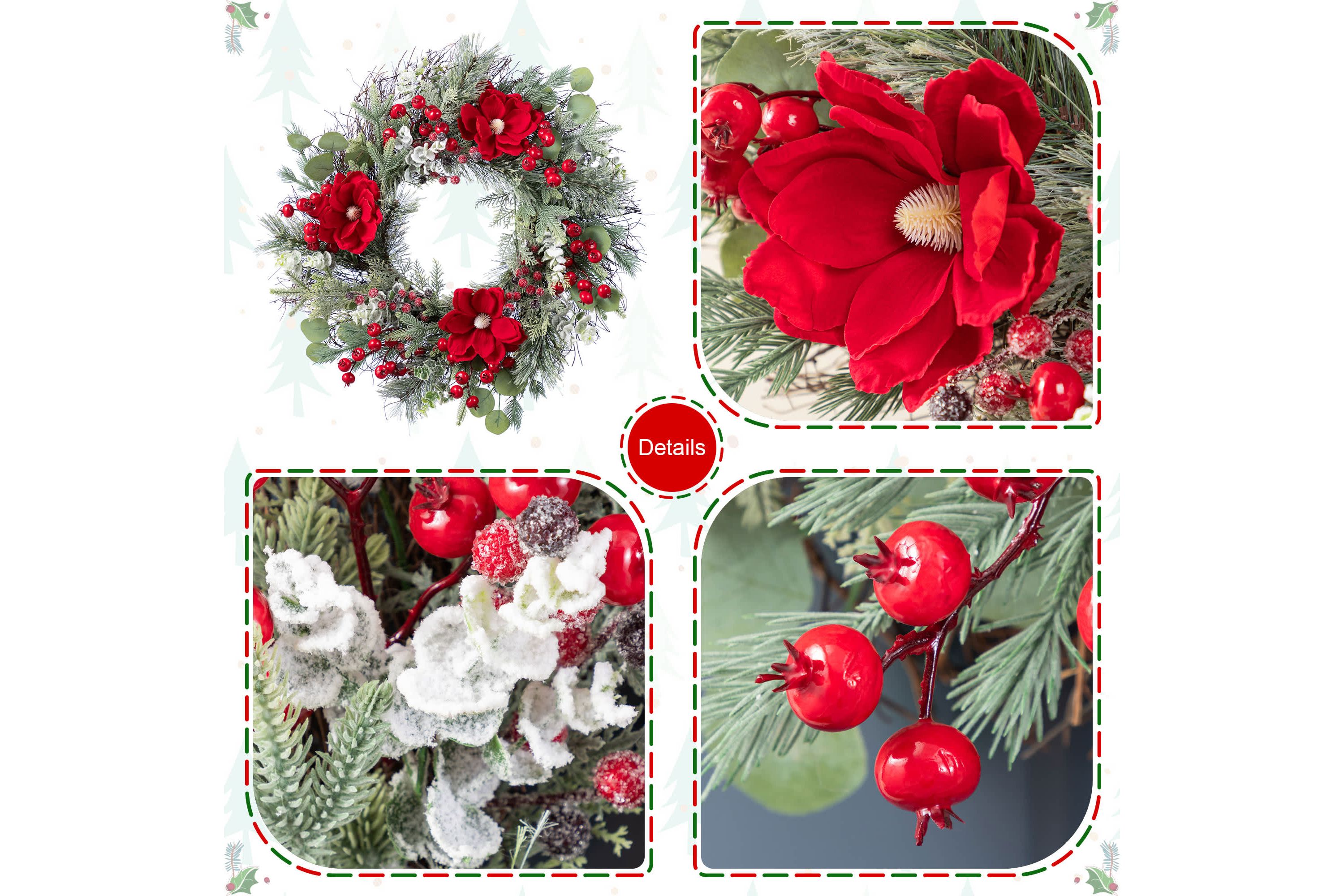 24"D Christmas Red  Mangnolia & Berry Wreath