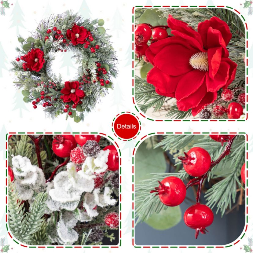 24"D Christmas Red  Mangnolia & Berry Wreath