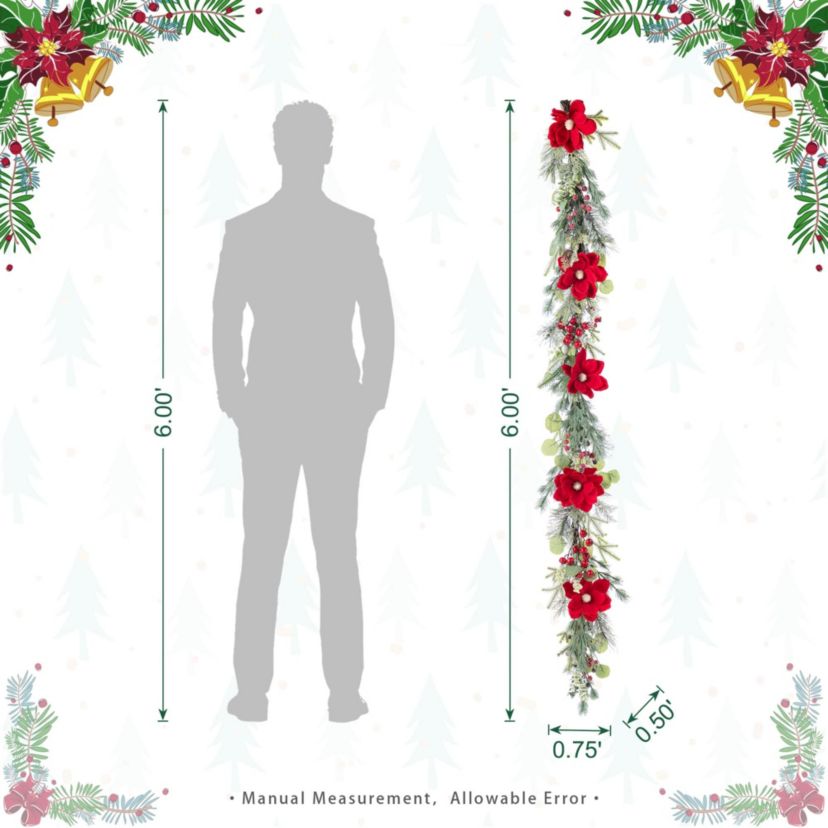 6FT Christmas Red  Mangnolia & Berry Garland