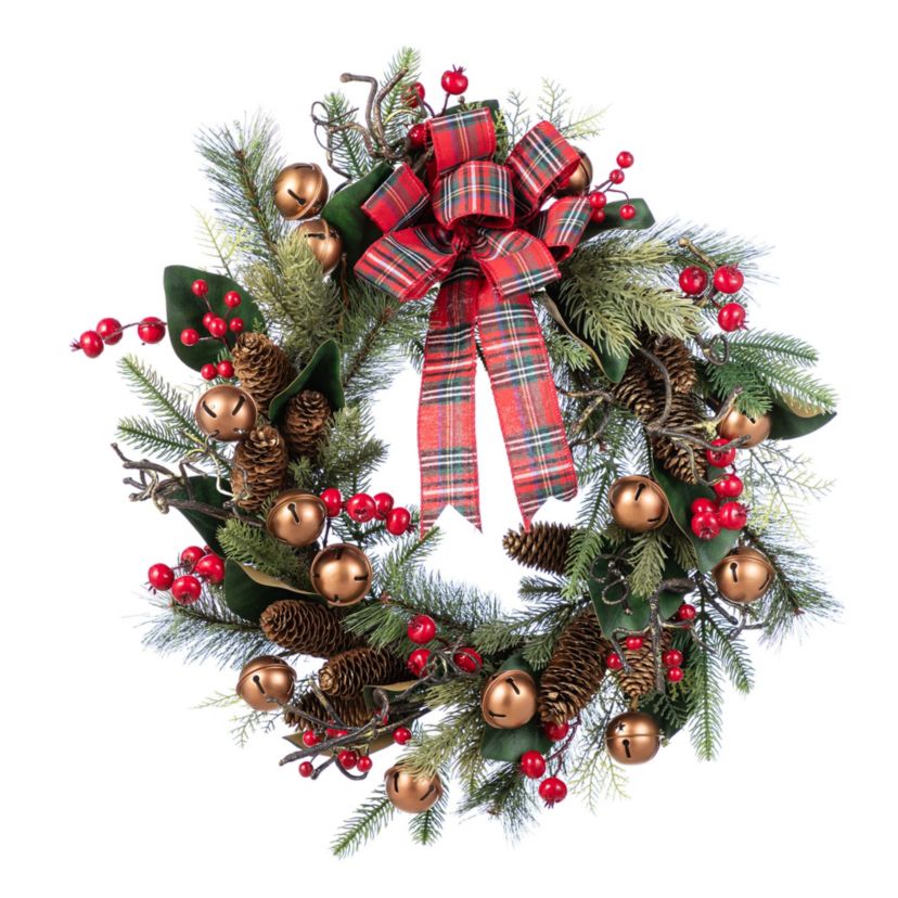 24"D Christmas Bell, Pinecone & Berry Bow Wreath
