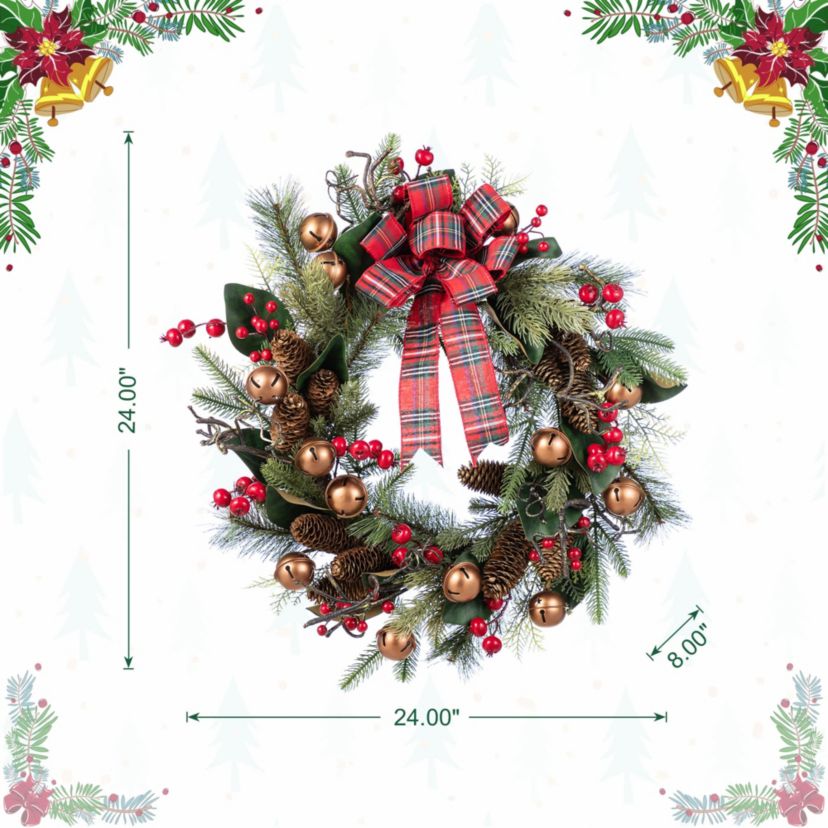 24"D Christmas Bell, Pinecone & Berry Bow Wreath