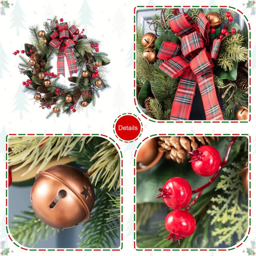 24"D Christmas Bell, Pinecone & Berry Bow Wreath