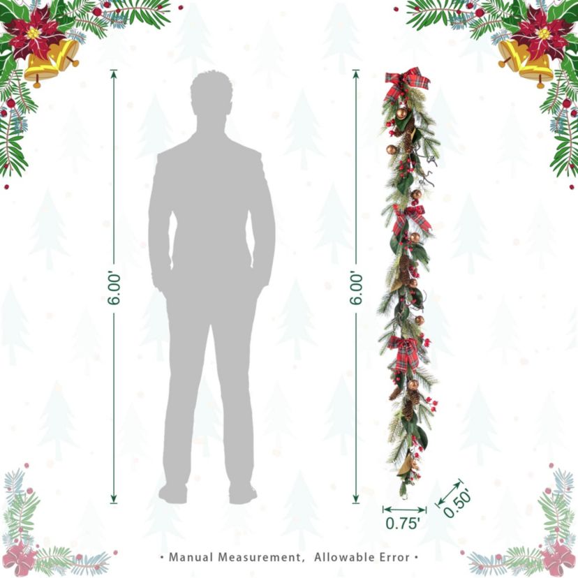 6FT Christmas Bell, Pinecone & Berry Bow Garland