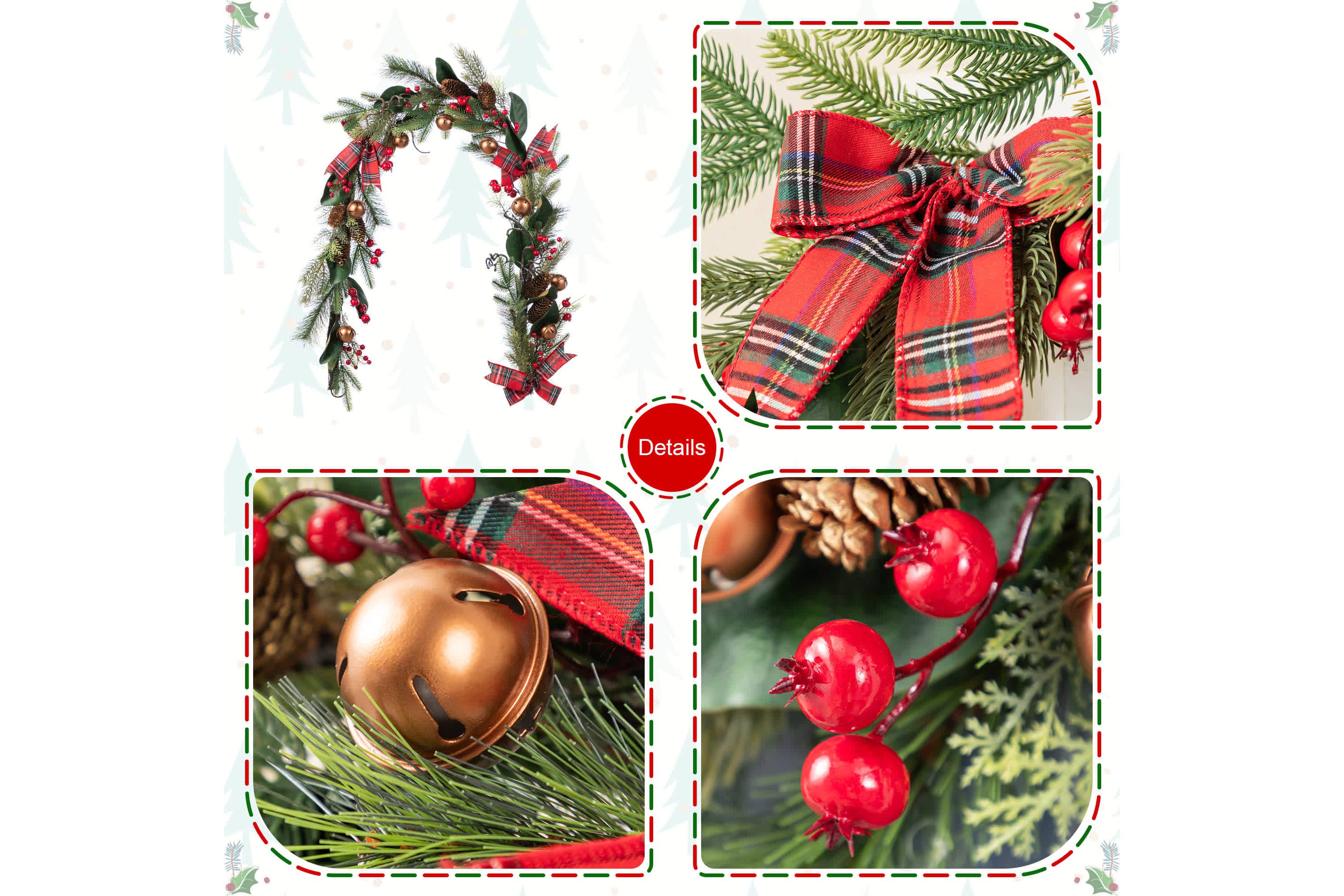 6FT Christmas Bell, Pinecone & Berry Bow Garland