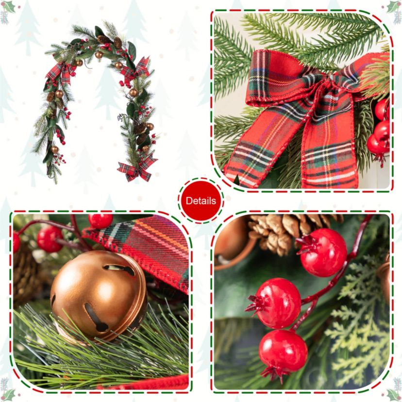 6FT Christmas Bell, Pinecone & Berry Bow Garland