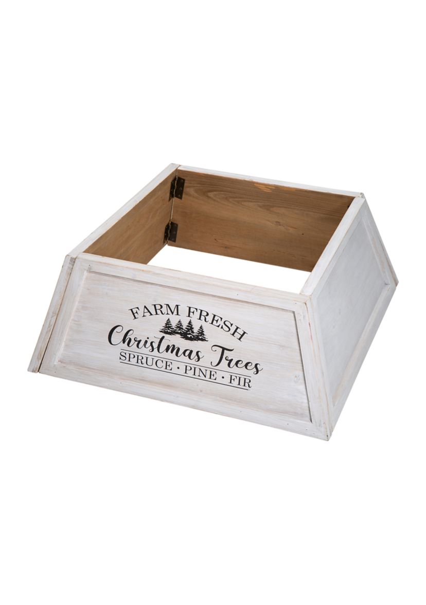 Washed White Wooden Trapezoid Farm Fresh Christmas Trees Tree Collar