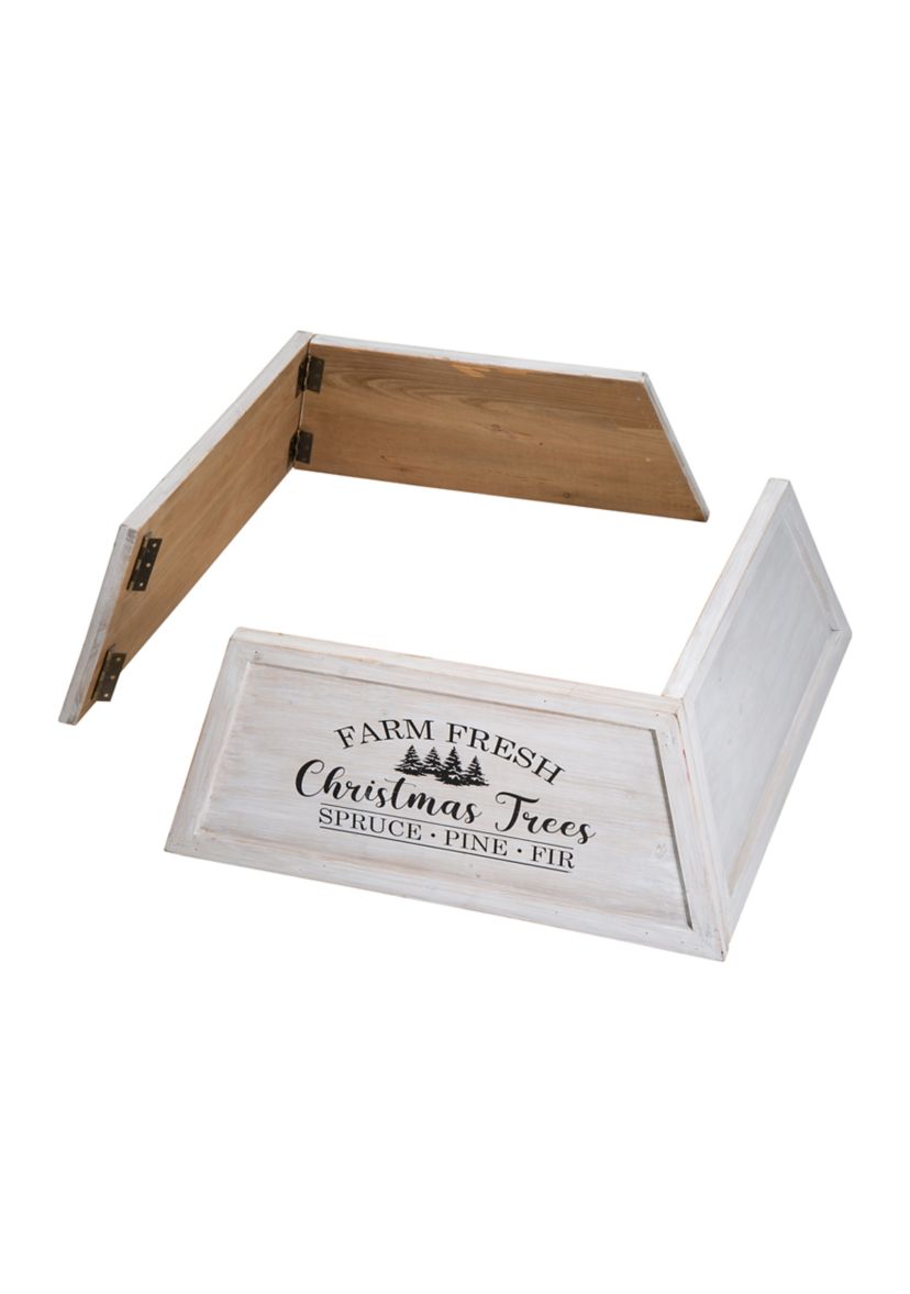 Washed White Wooden Trapezoid Farm Fresh Christmas Trees Tree Collar