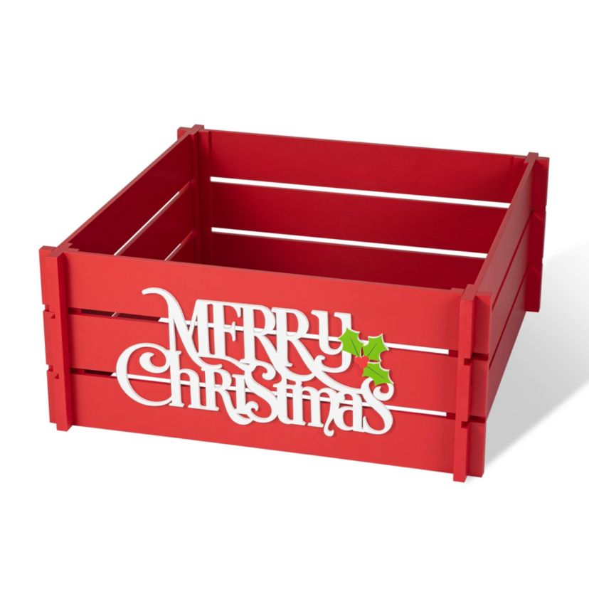 27"L Red "MERRY CHRISTMAS" Wooden Crate Tree Collar(KD)