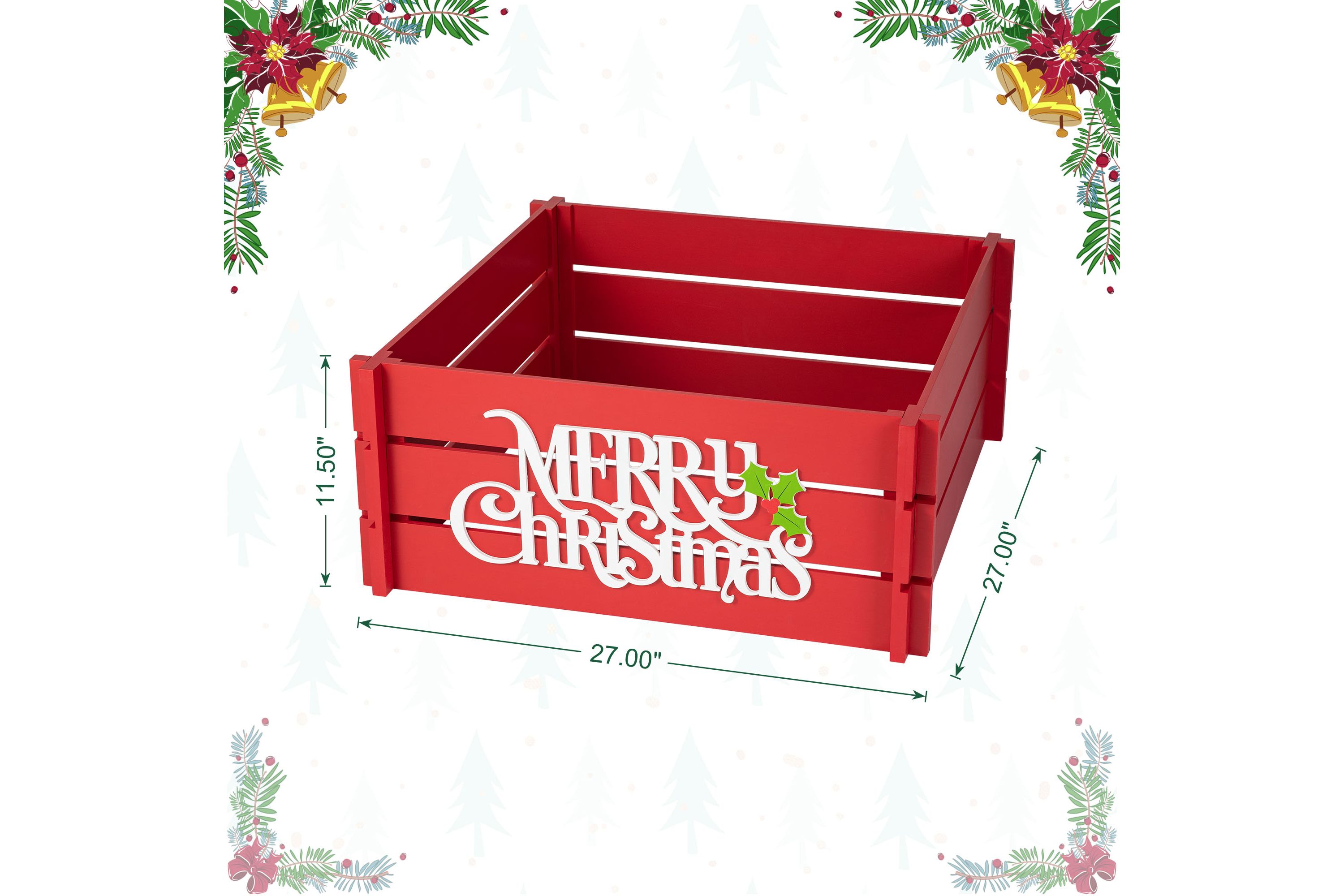 27"L Red "MERRY CHRISTMAS" Wooden Crate Tree Collar(KD)