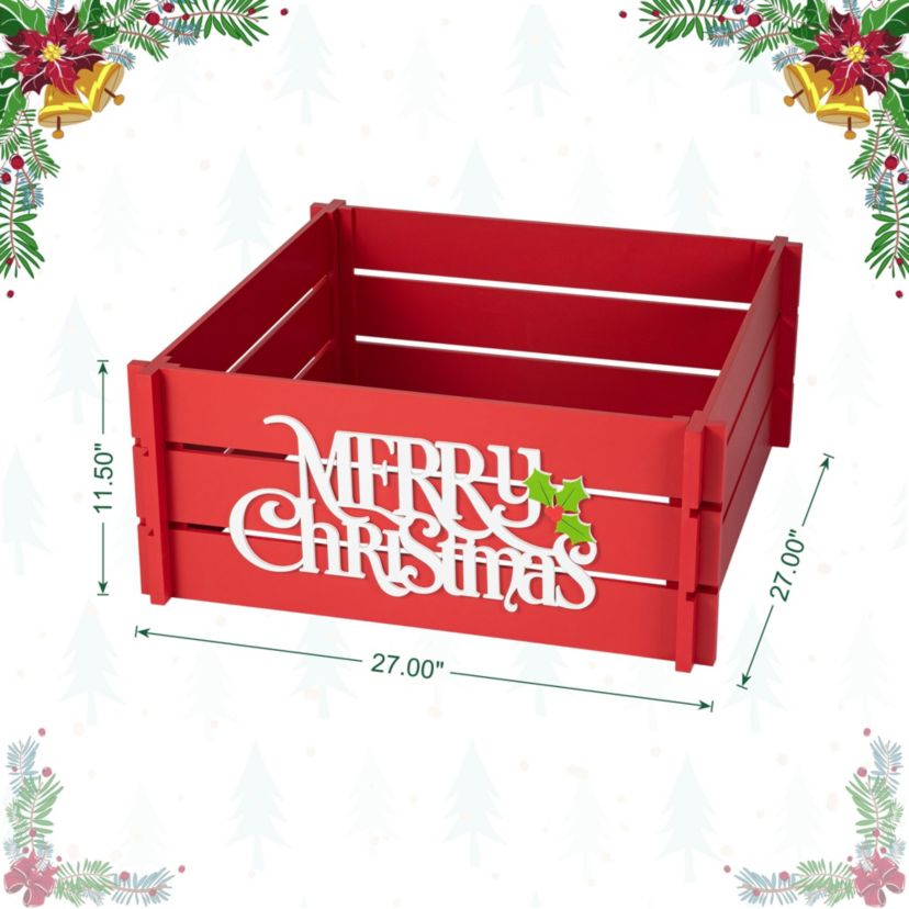 27"L Red "MERRY CHRISTMAS" Wooden Crate Tree Collar(KD)