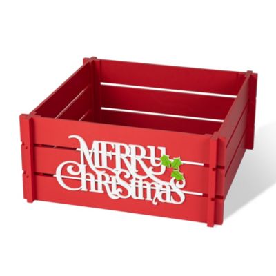 Glitzhome 24"L Red "MERRY CHRISTMAS" Wooden Crate Tree Collar(KD)
