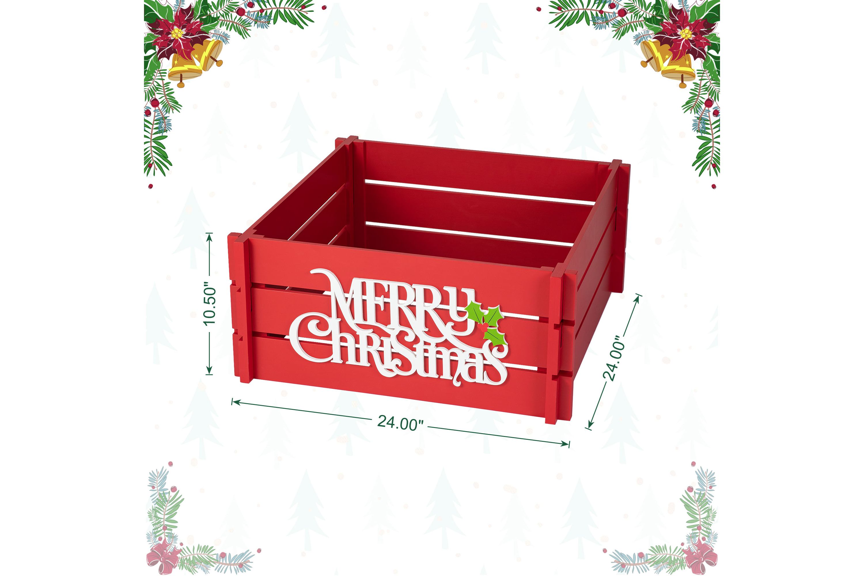 24"L Red "MERRY CHRISTMAS" Wooden Crate Tree Collar(KD)