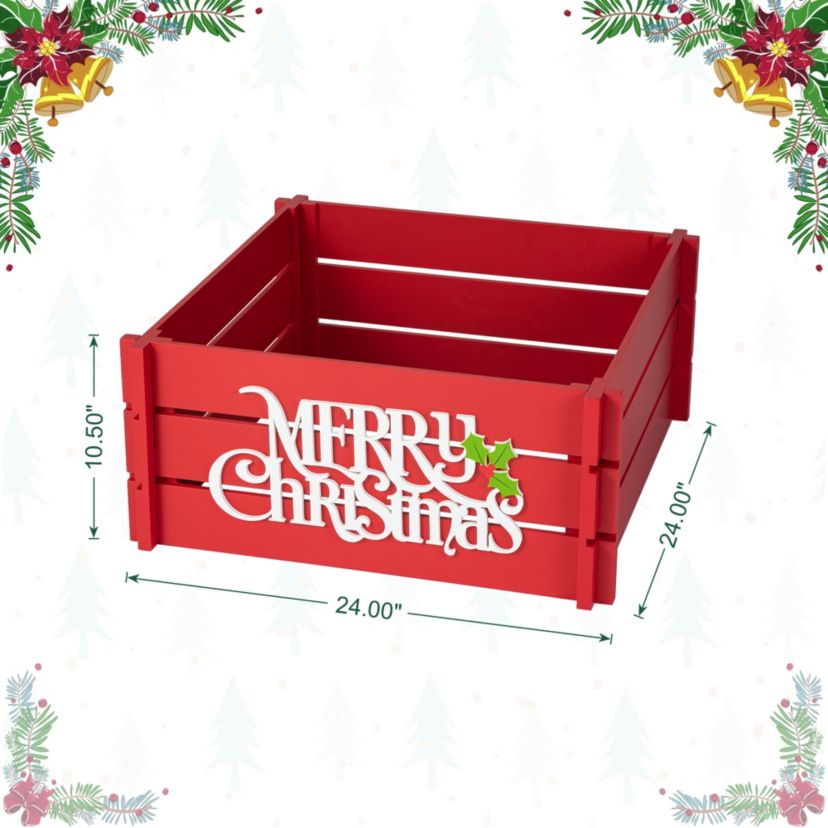 24"L Red "MERRY CHRISTMAS" Wooden Crate Tree Collar(KD)