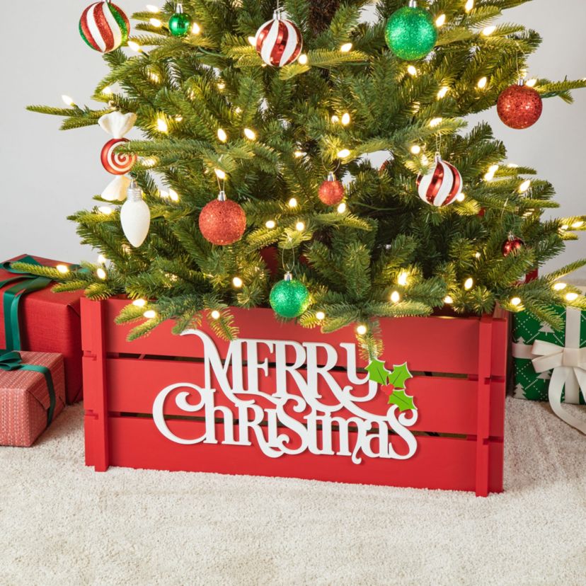 24"L Red "MERRY CHRISTMAS" Wooden Crate Tree Collar(KD)