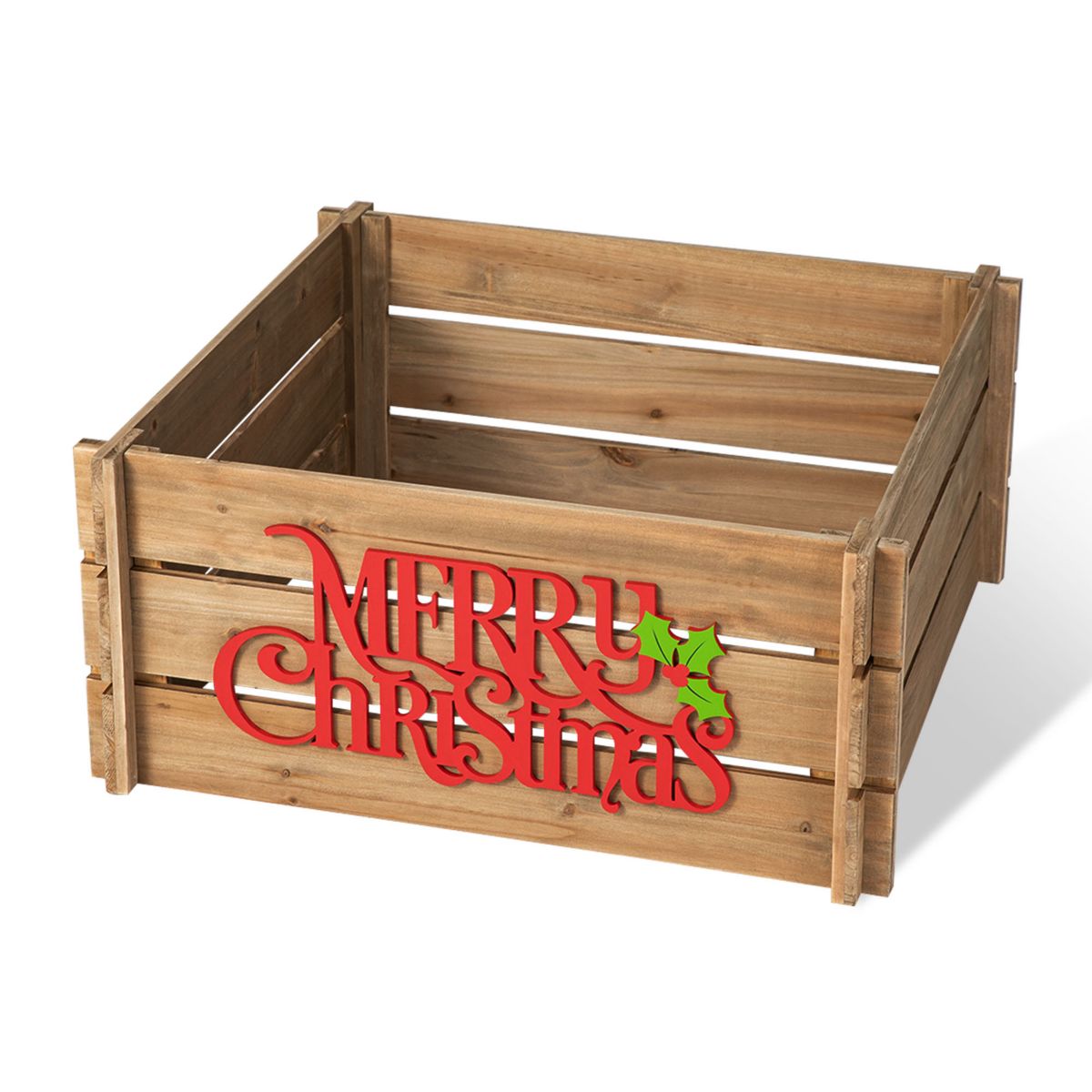 24"L Natural Wooden "MERRY CHRISTMAS" Solid Wood Crate Tree Collar (KD)