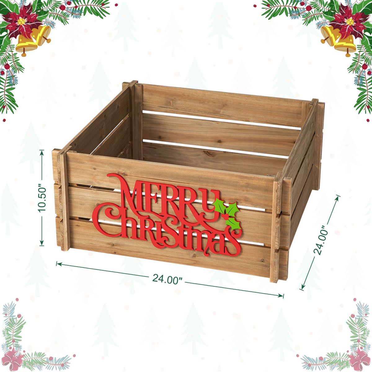 24"L Natural Wooden "MERRY CHRISTMAS" Solid Wood Crate Tree Collar (KD)