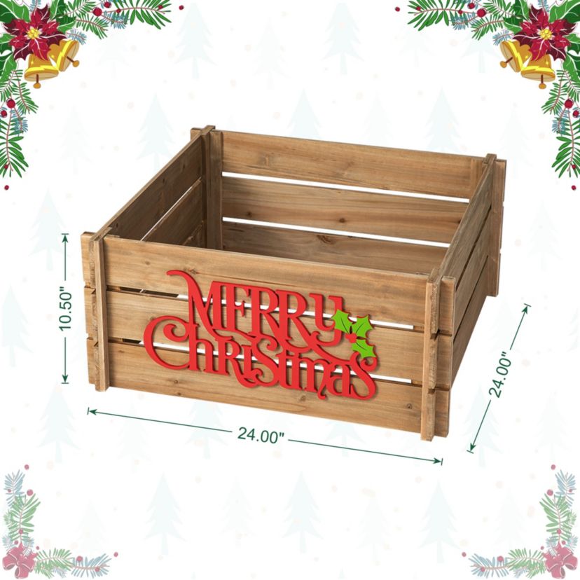 24"L Natural Wooden "MERRY CHRISTMAS" Solid Wood Crate Tree Collar (KD)