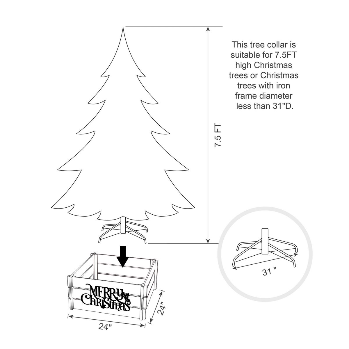 24"L Natural Wooden "MERRY CHRISTMAS" Solid Wood Crate Tree Collar (KD)