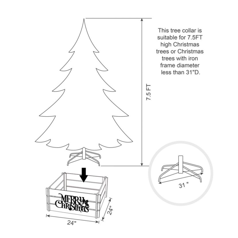 24"L Natural Wooden "MERRY CHRISTMAS" Solid Wood Crate Tree Collar (KD)