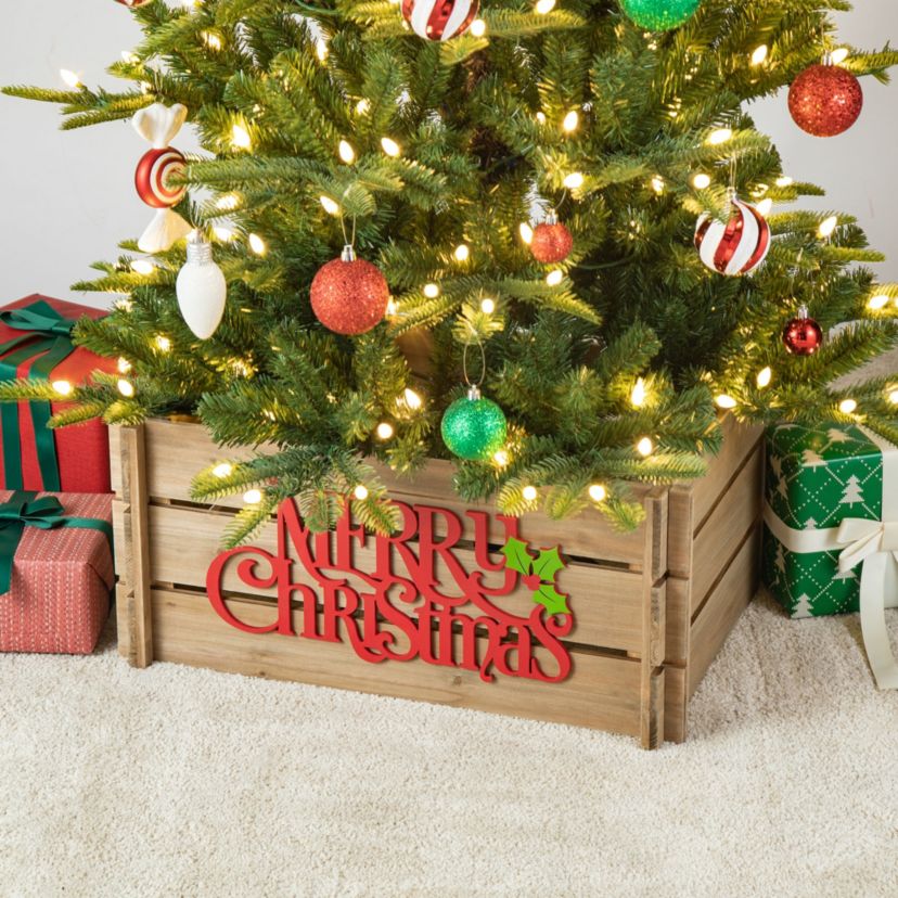 24"L Natural Wooden "MERRY CHRISTMAS" Solid Wood Crate Tree Collar (KD)