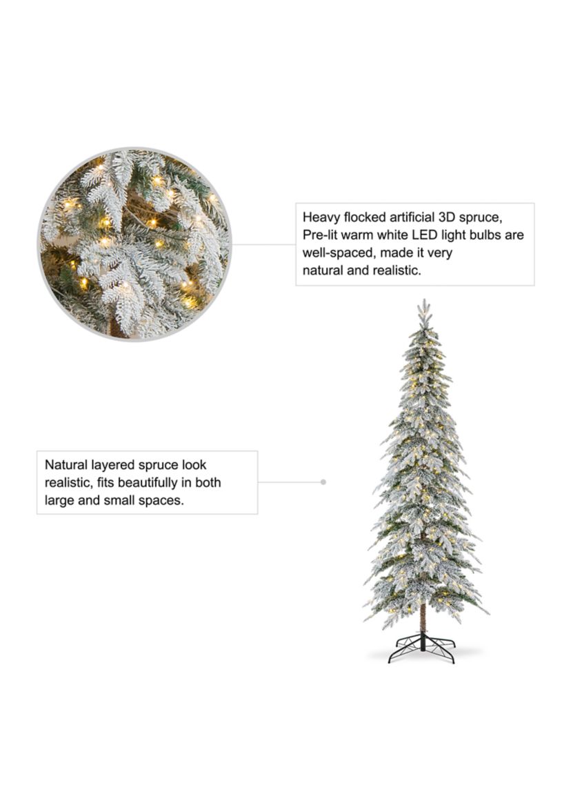 9 Foot Pre-Lit Flocked Pencil Spruce Artificial Christmas Tree with 470 Lights