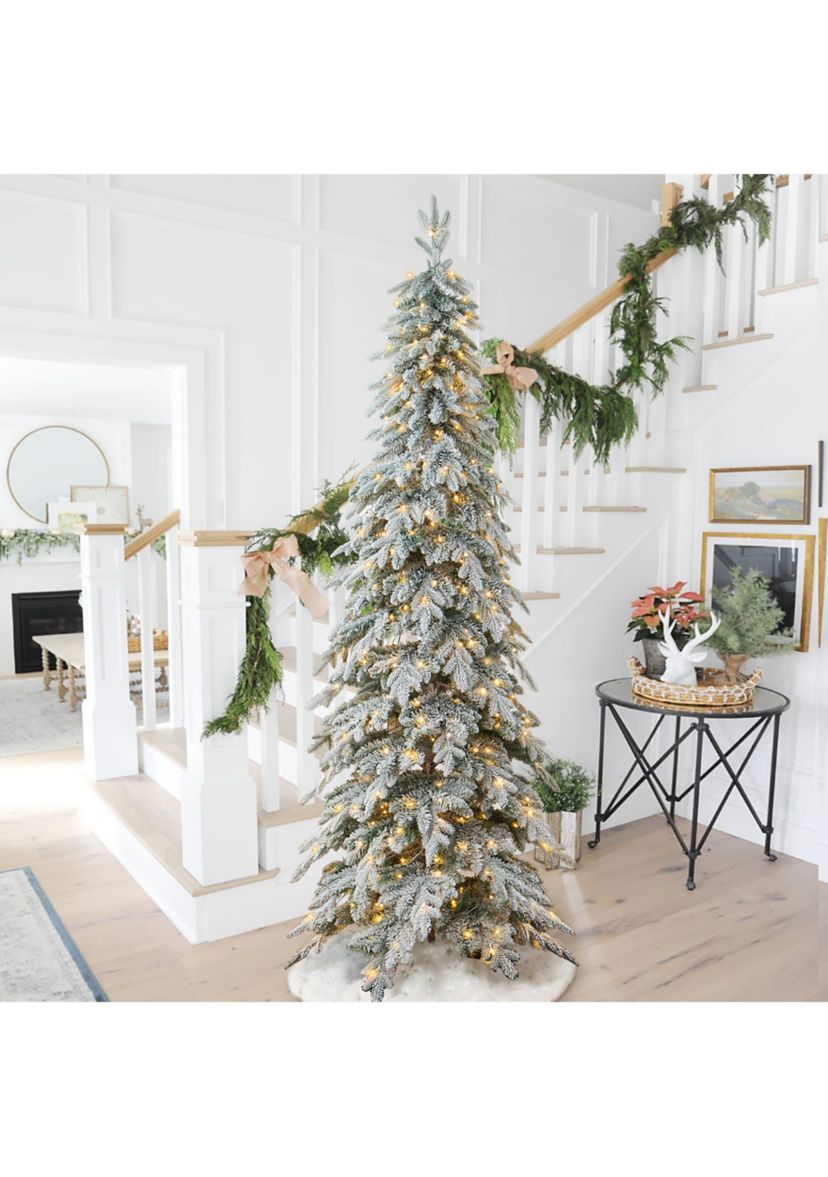 9 Foot Pre-Lit Flocked Pencil Spruce Artificial Christmas Tree with 470 Lights