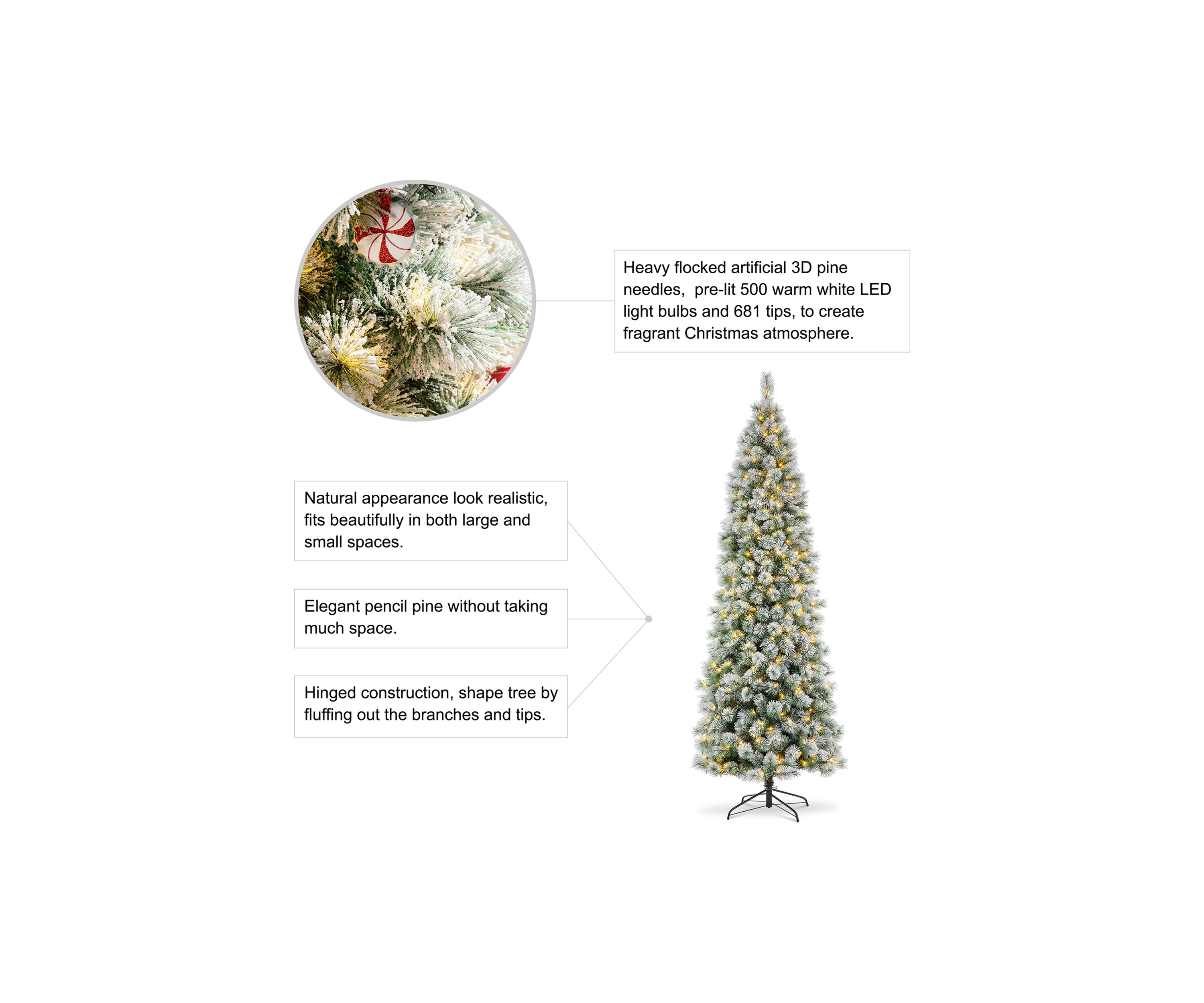 9 Foot Pre-Lit Flocked Pencil Pine Artificial Christmas Tree with 500 Lights