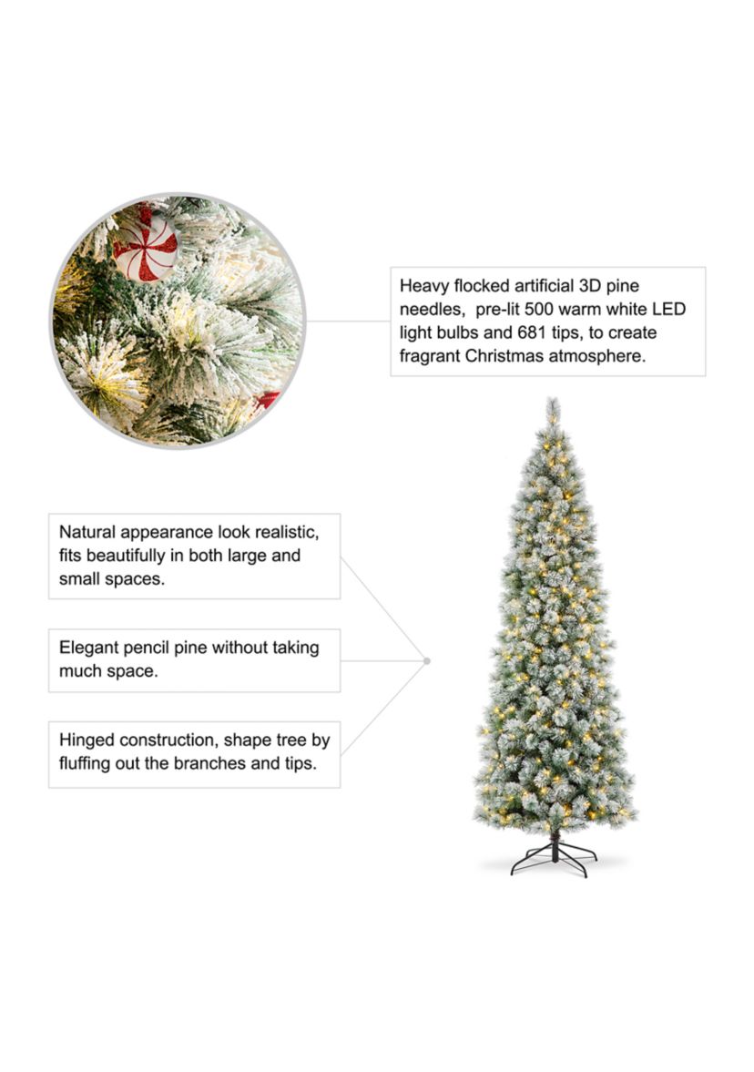 9 Foot Pre-Lit Flocked Pencil Pine Artificial Christmas Tree with 500 Lights