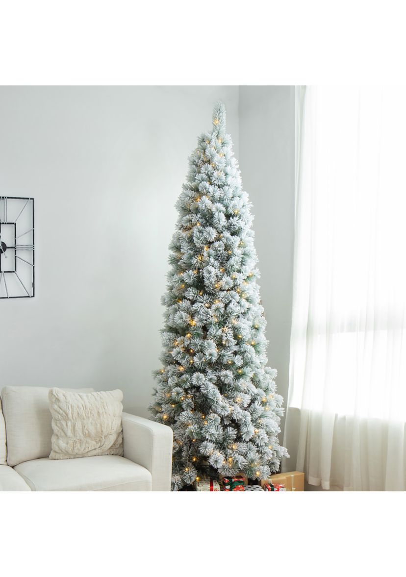 9 Foot Pre-Lit Flocked Pencil Pine Artificial Christmas Tree with 500 Lights