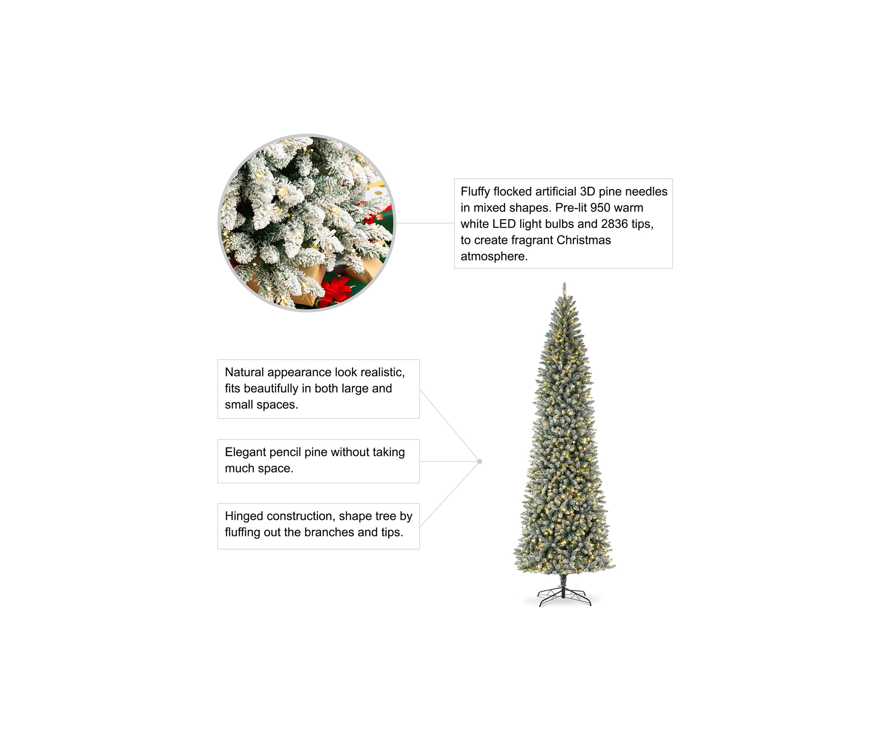 11 Foot Pre-Lit Flocked Pencil Fir Artificial Christmas Tree with 950 Lights