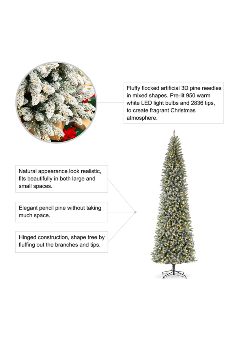 11 Foot Pre-Lit Flocked Pencil Fir Artificial Christmas Tree with 950 Lights