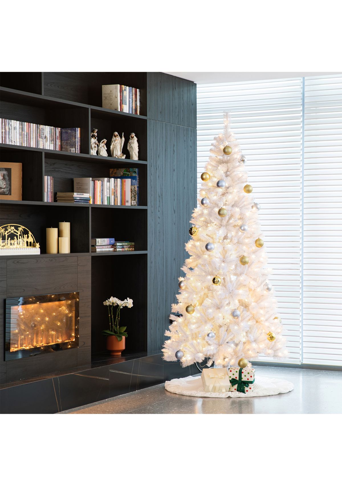 8-foot Pre-Lit White Pine Slim Artificial Christmas Tree with 500 Warm White Lights, Three Function