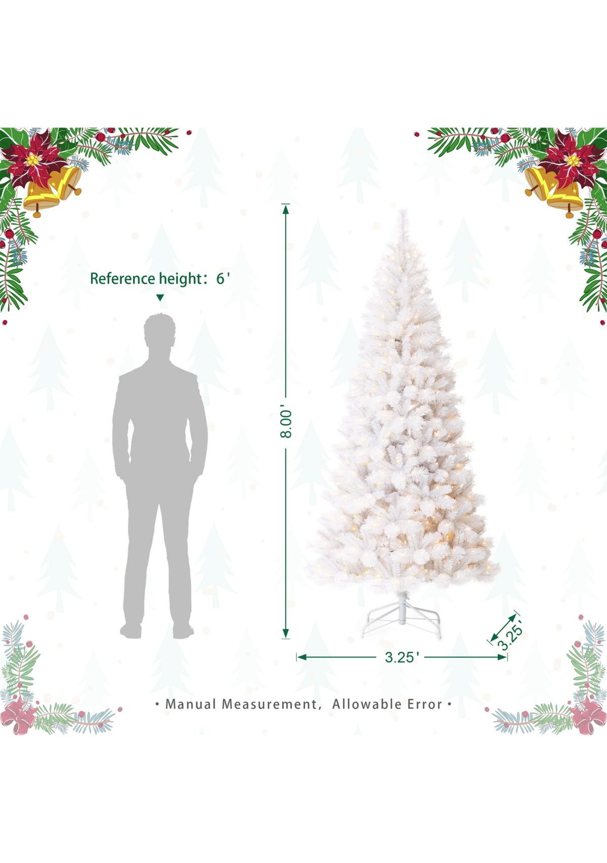 8-foot Pre-Lit White Pine Slim Artificial Christmas Tree with 500 Warm White Lights, Three Function