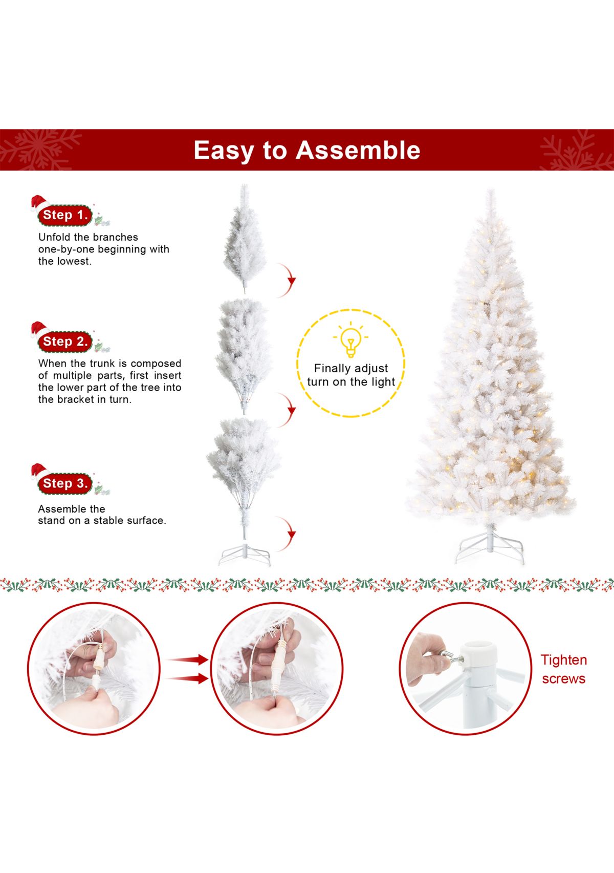 8-foot Pre-Lit White Pine Slim Artificial Christmas Tree with 500 Warm White Lights, Three Function