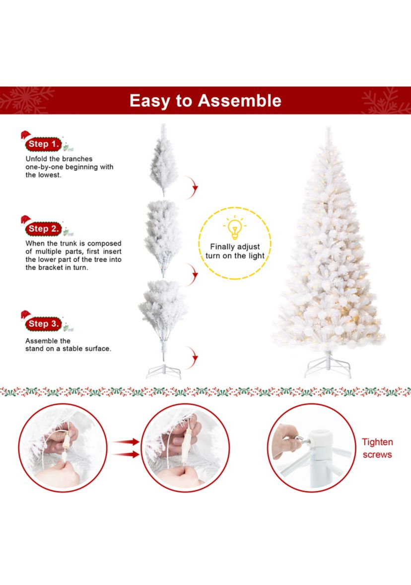 8-foot Pre-Lit White Pine Slim Artificial Christmas Tree with 500 Warm White Lights, Three Function