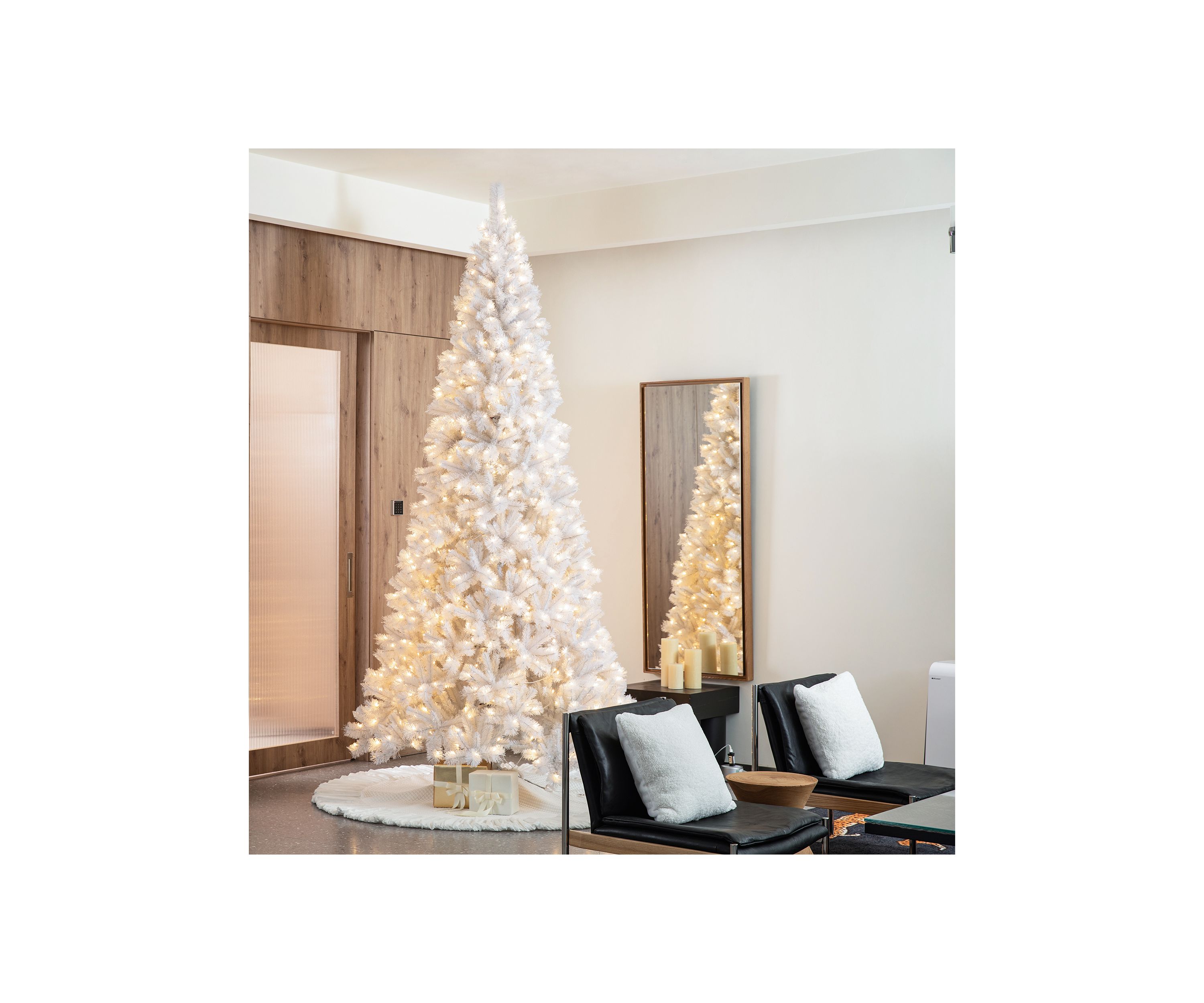 10-foot Pre-Lit White Pine Slim Artificial Christmas Tree with 800 Warm White Lights, Three Function