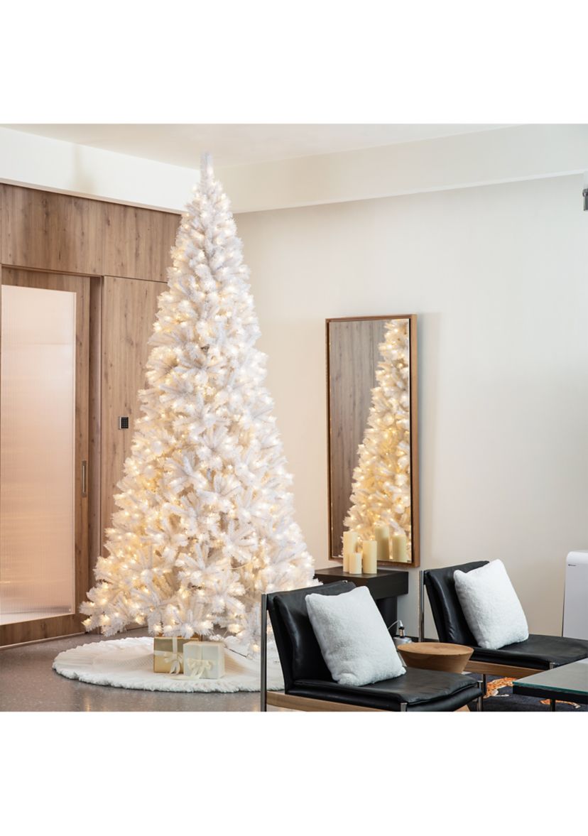 10-foot Pre-Lit White Pine Slim Artificial Christmas Tree with 800 Warm White Lights, Three Function