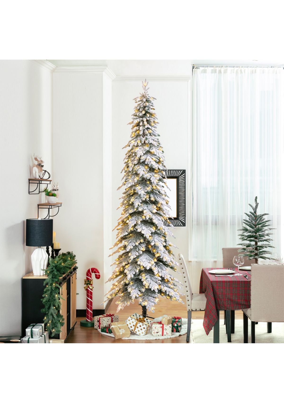 11-foot Pre-Lit Flocked Pencil Spruce Artificial Christmas Tree with 700 Warm White Lights