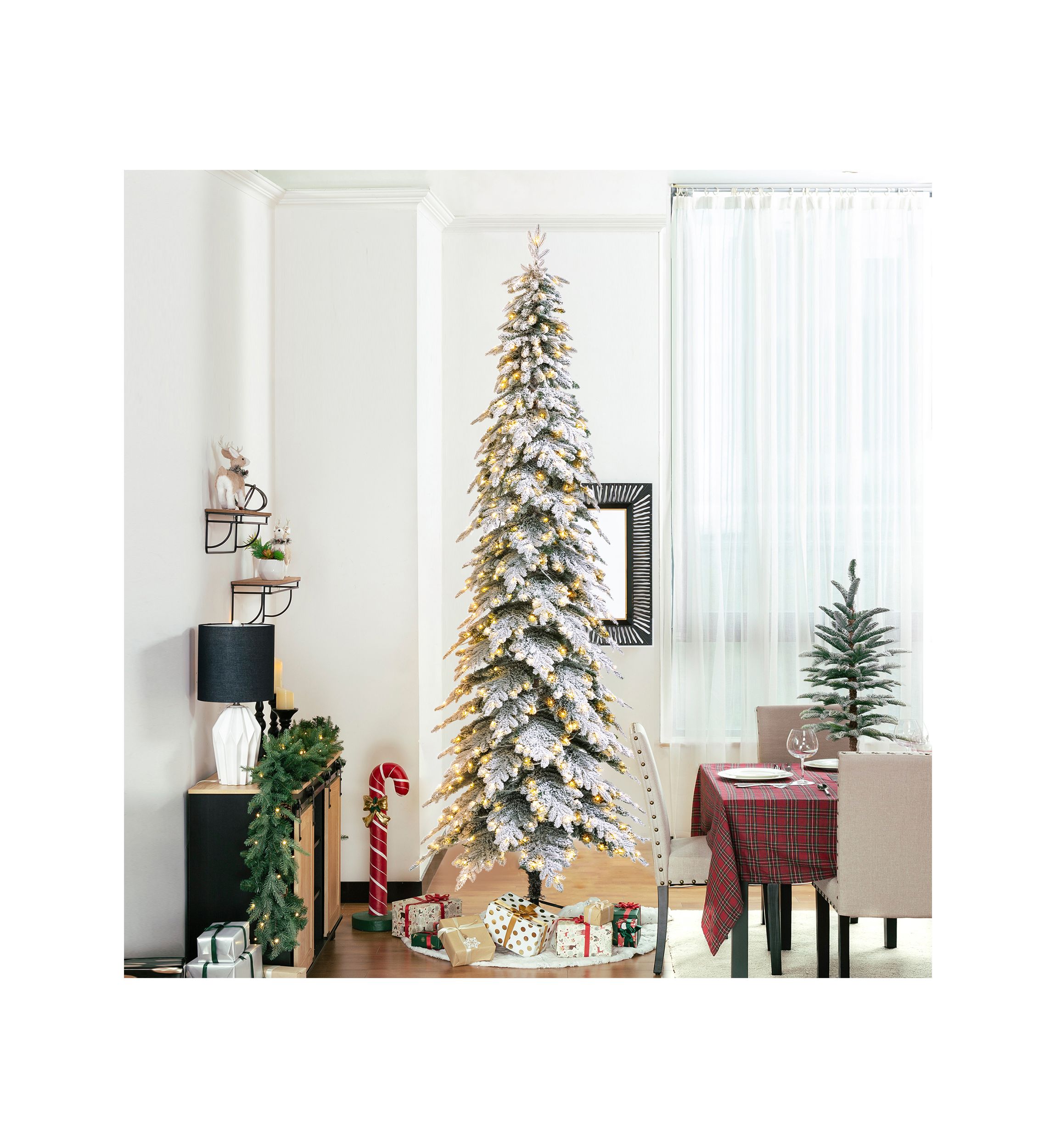 11-foot Pre-Lit Flocked Pencil Spruce Artificial Christmas Tree with 700 Warm White Lights