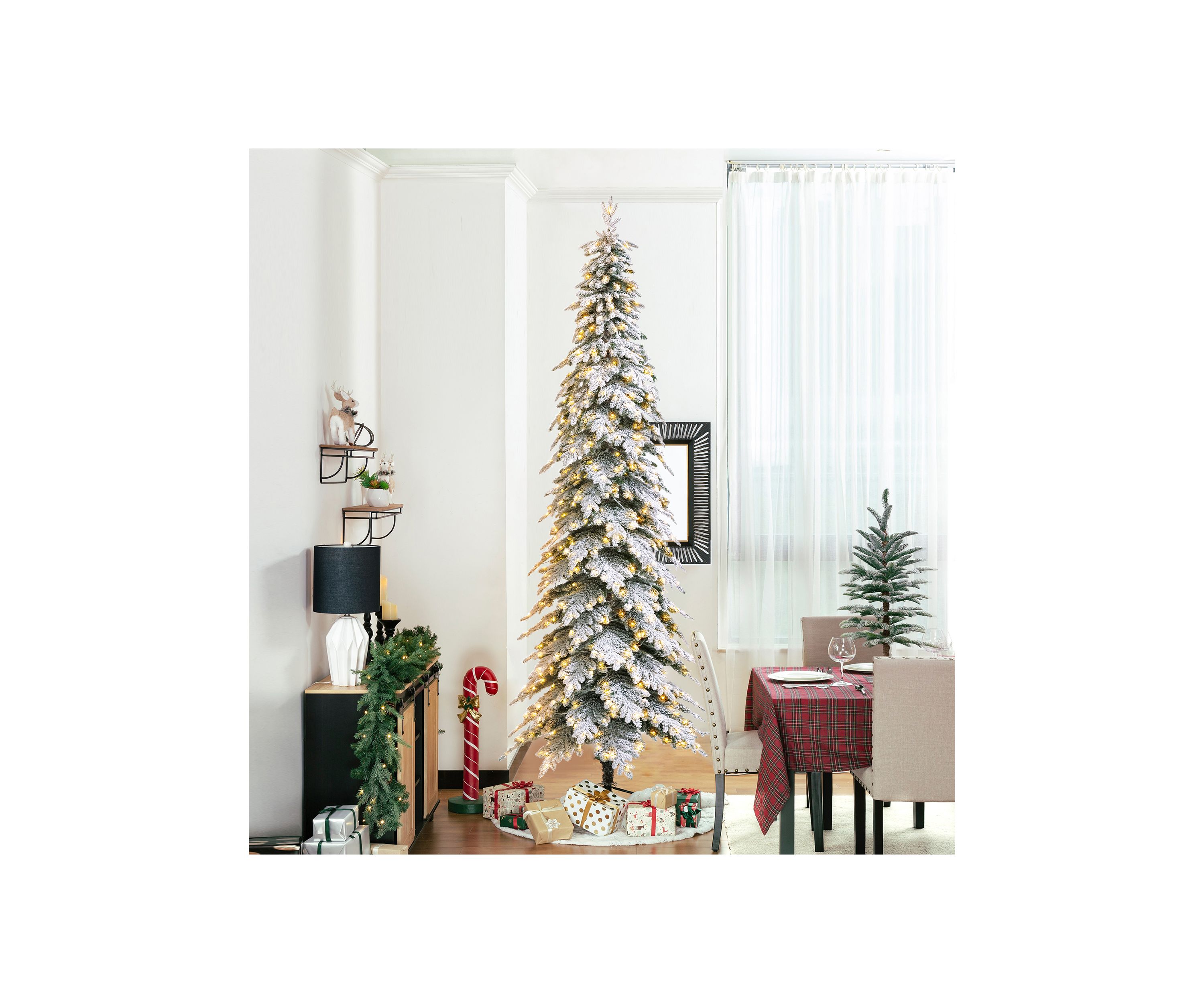 11-foot Pre-Lit Flocked Pencil Spruce Artificial Christmas Tree with 700 Warm White Lights