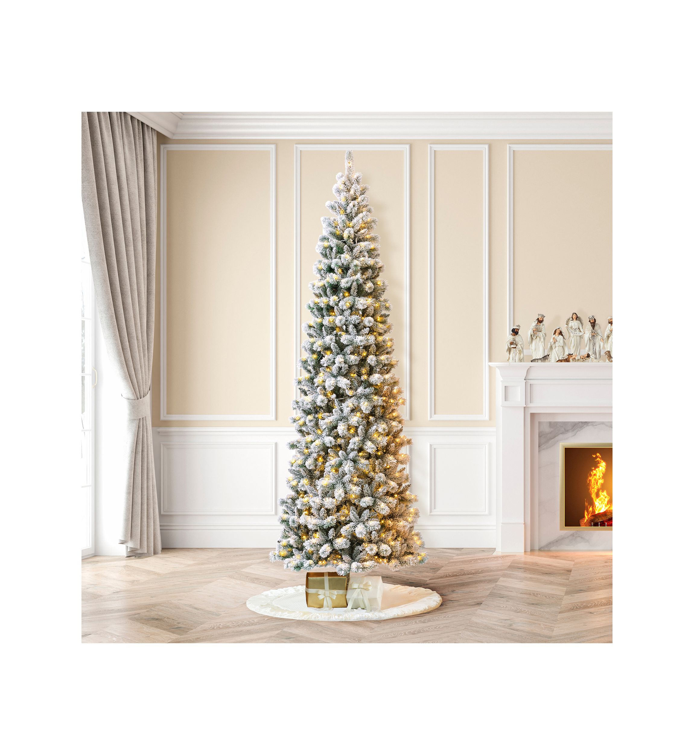 11-foot Pre-Lit Flocked Pencil Green Pine Artificial Christmas Pencil Tree with 700 LED Lights, 9 Functional Warm White/Multi-color, remote controller