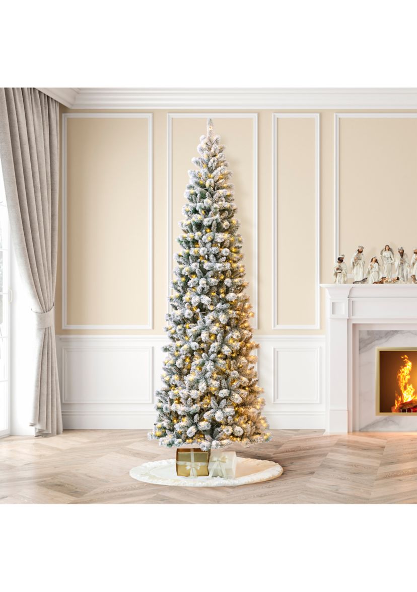 11-foot Pre-Lit Flocked Pencil Green Pine Artificial Christmas Pencil Tree with 700 LED Lights, 9 Functional Warm White/Multi-color, remote controller