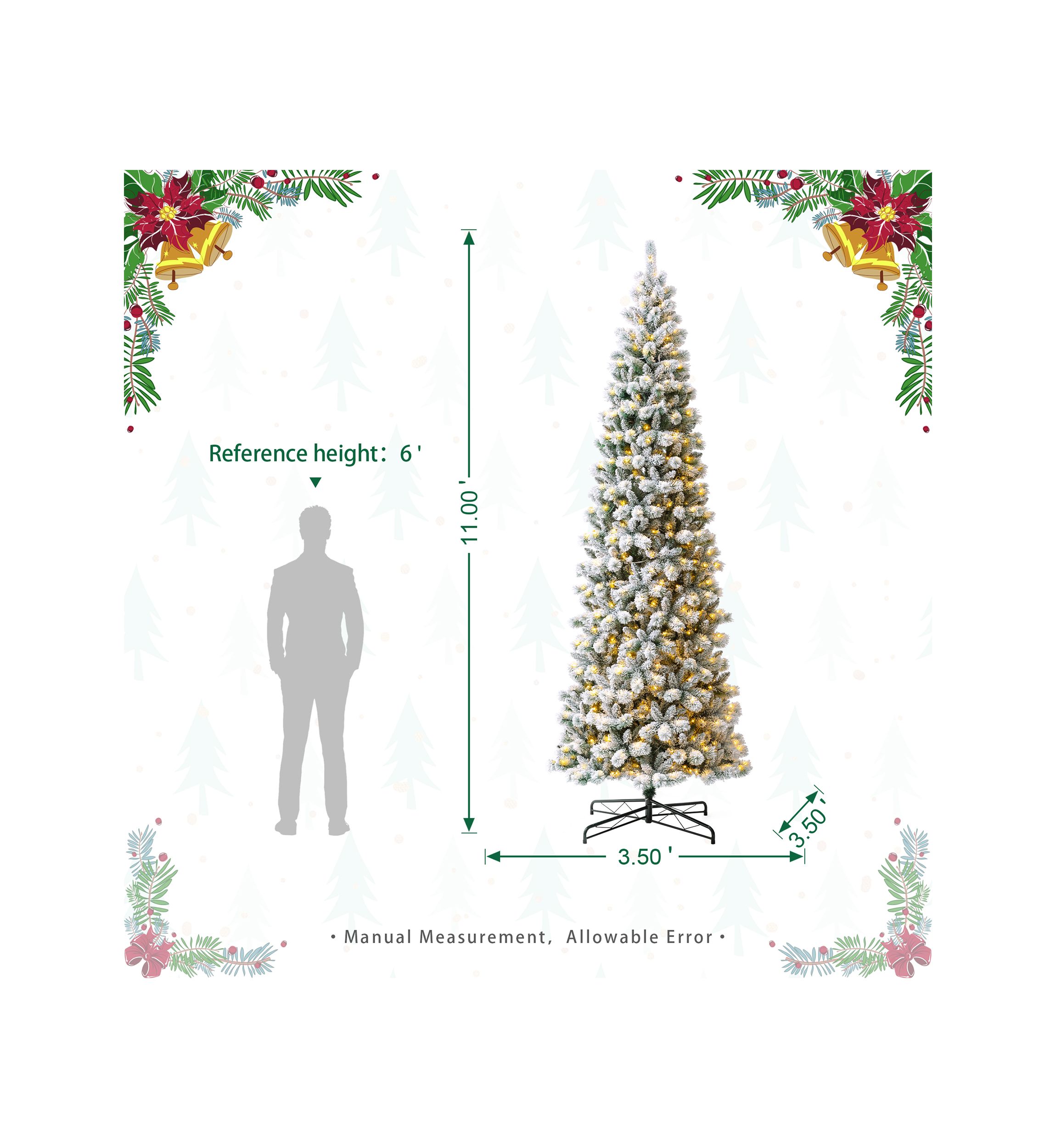 11-foot Pre-Lit Flocked Pencil Green Pine Artificial Christmas Pencil Tree with 700 LED Lights, 9 Functional Warm White/Multi-color, remote controller