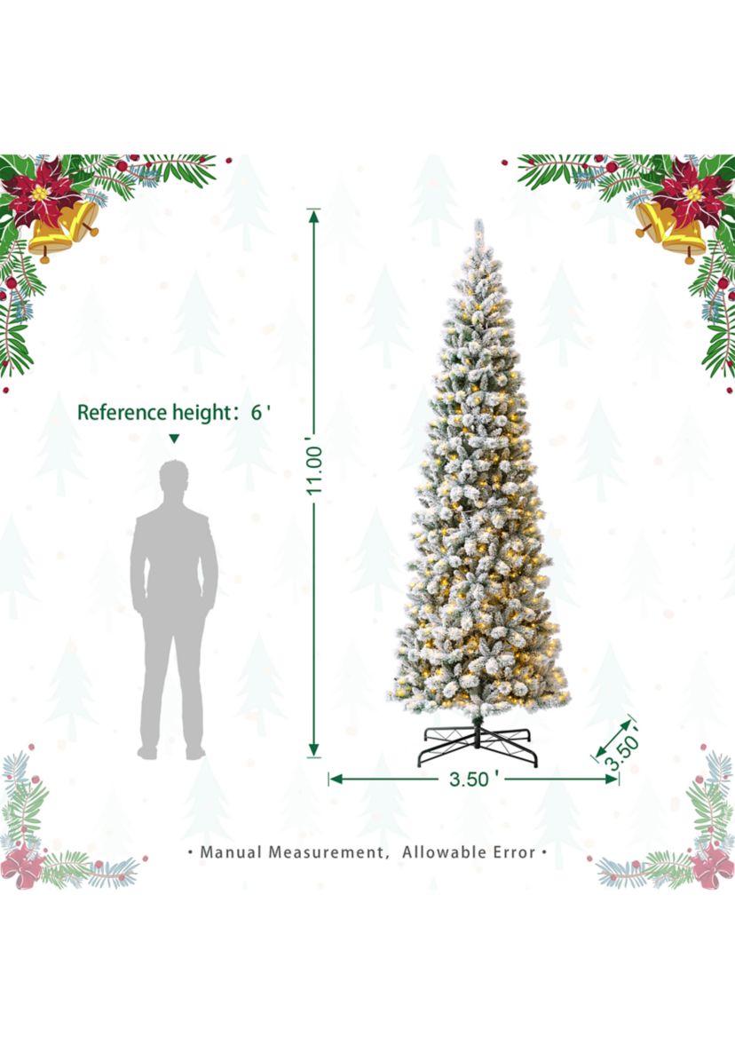 11-foot Pre-Lit Flocked Pencil Green Pine Artificial Christmas Pencil Tree with 700 LED Lights, 9 Functional Warm White/Multi-color, remote controller