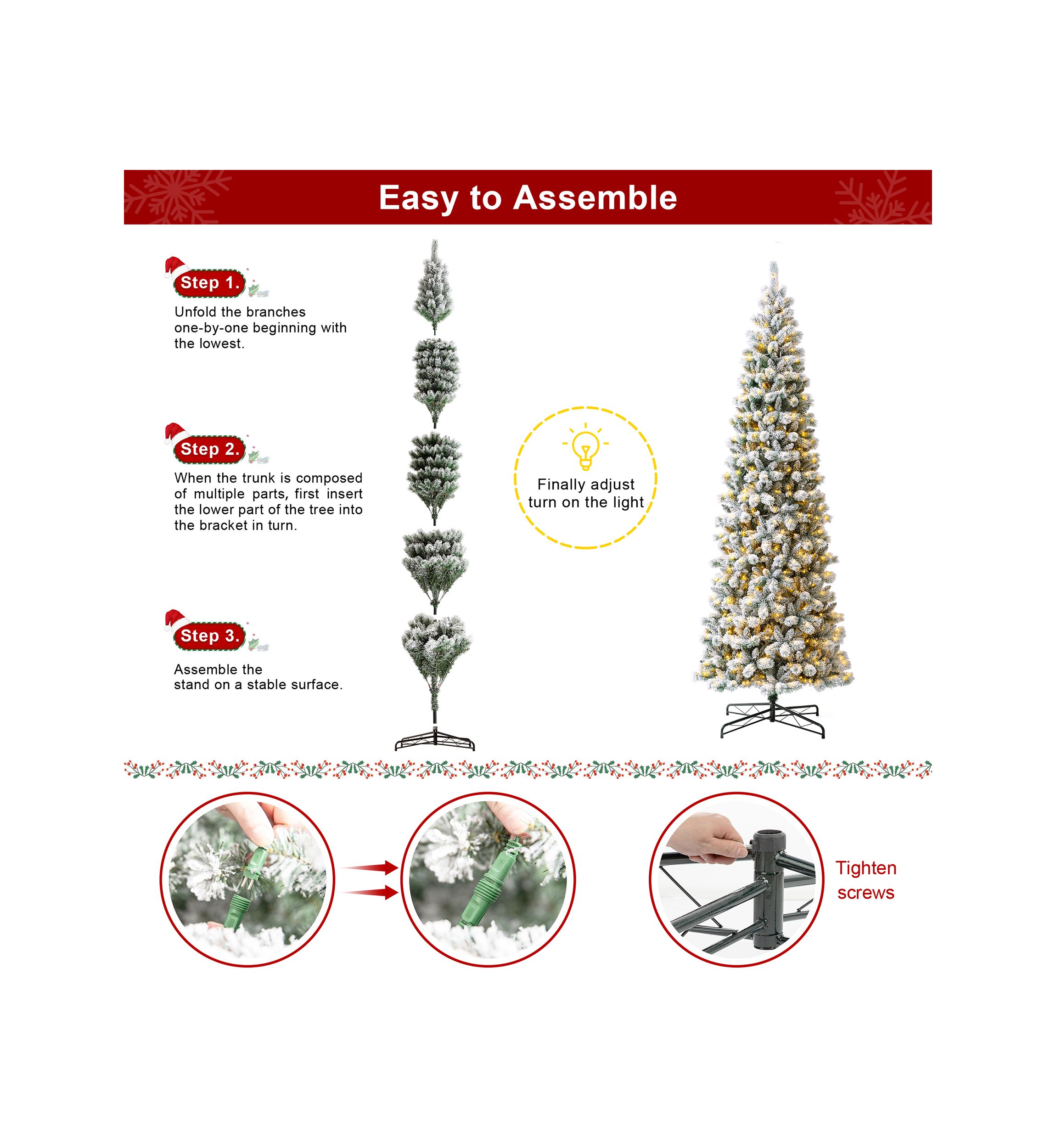 11-foot Pre-Lit Flocked Pencil Green Pine Artificial Christmas Pencil Tree with 700 LED Lights, 9 Functional Warm White/Multi-color, remote controller