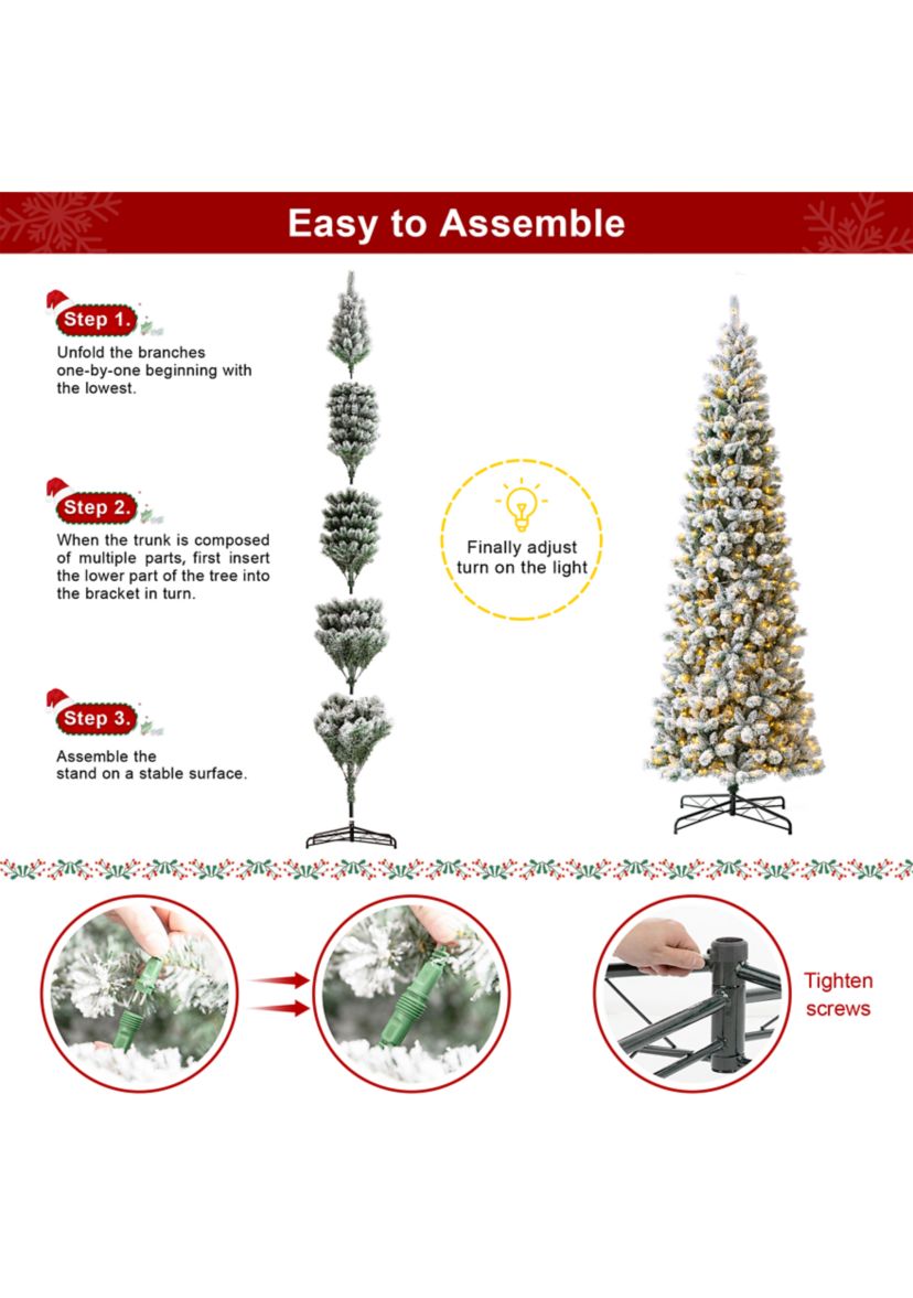 11-foot Pre-Lit Flocked Pencil Green Pine Artificial Christmas Pencil Tree with 700 LED Lights, 9 Functional Warm White/Multi-color, remote controller