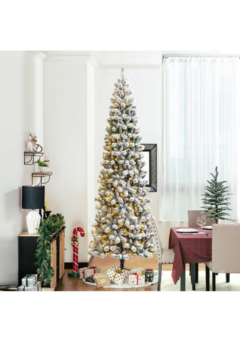 11-foot Pre-Lit Flocked Pencil Green Pine Artificial Christmas Pencil Tree with 700 LED Lights, 9 Functional Warm White/Multi-color, remote controller